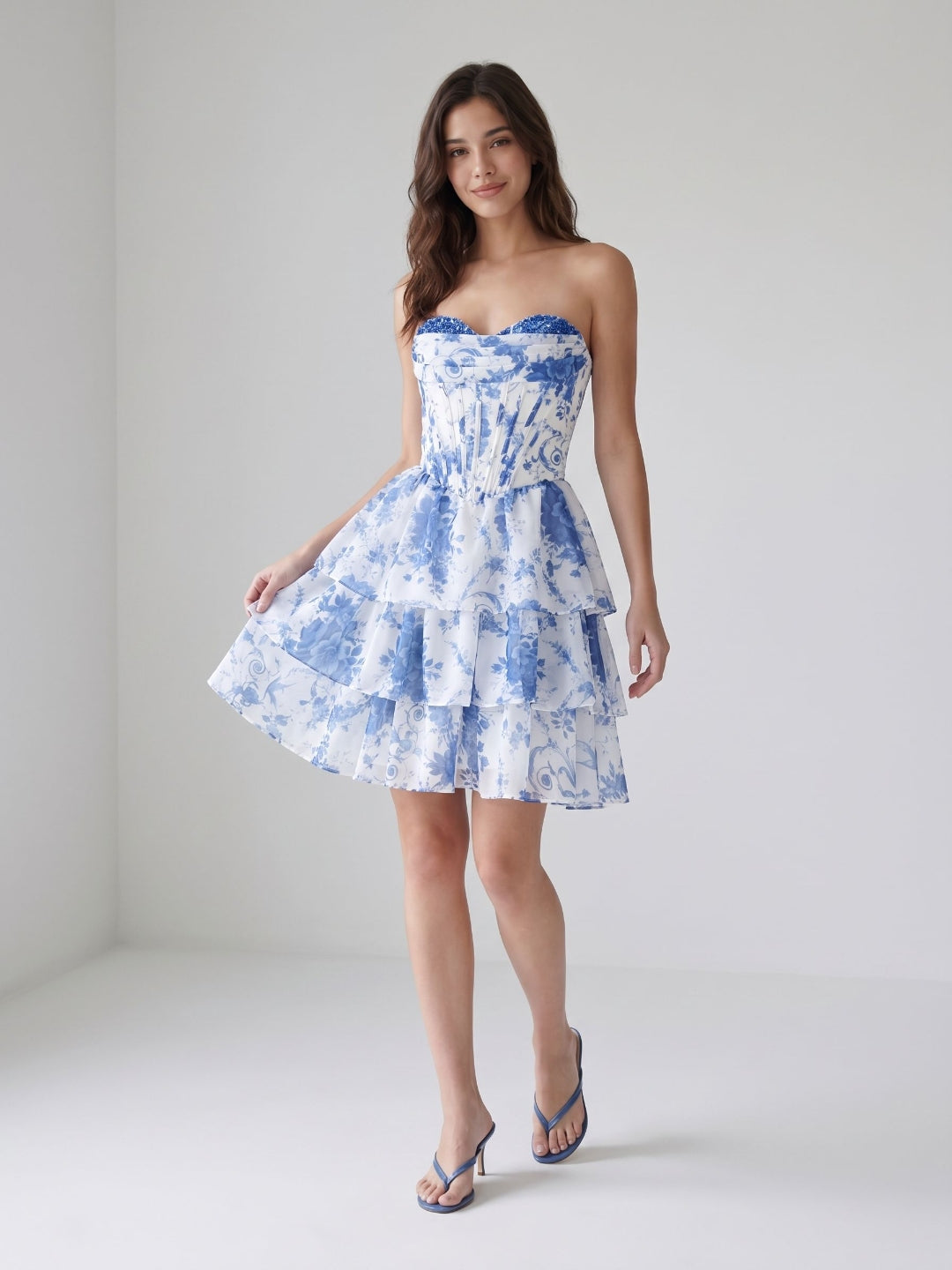 Blue Chiffon A-Line Sweetheart Criss-Cross Straps Short Homecoming Dress with Ruffles - Curvevia