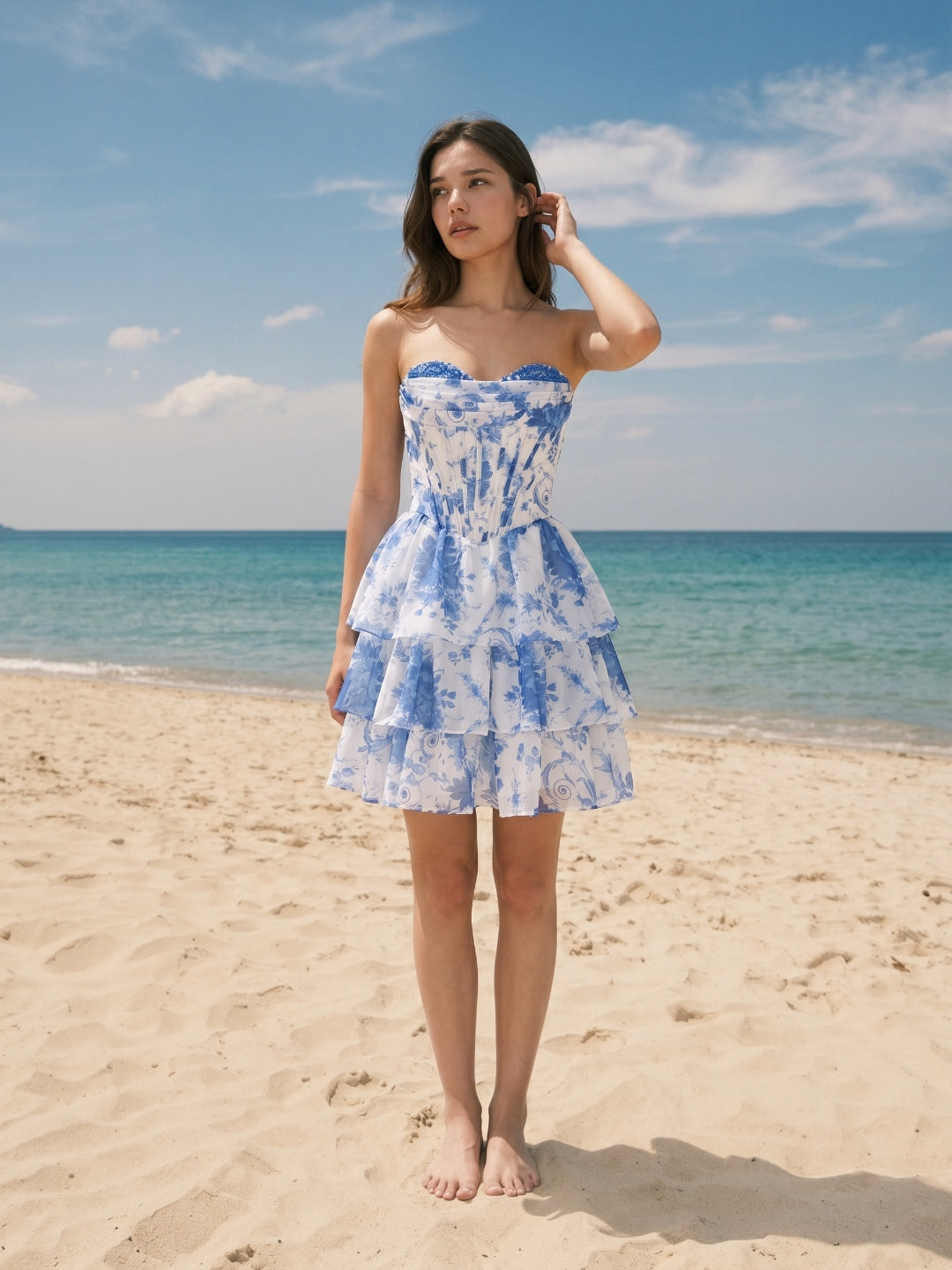 Blue Chiffon A-Line Sweetheart Criss-Cross Straps Short Homecoming Dress with Ruffles - Curvevia