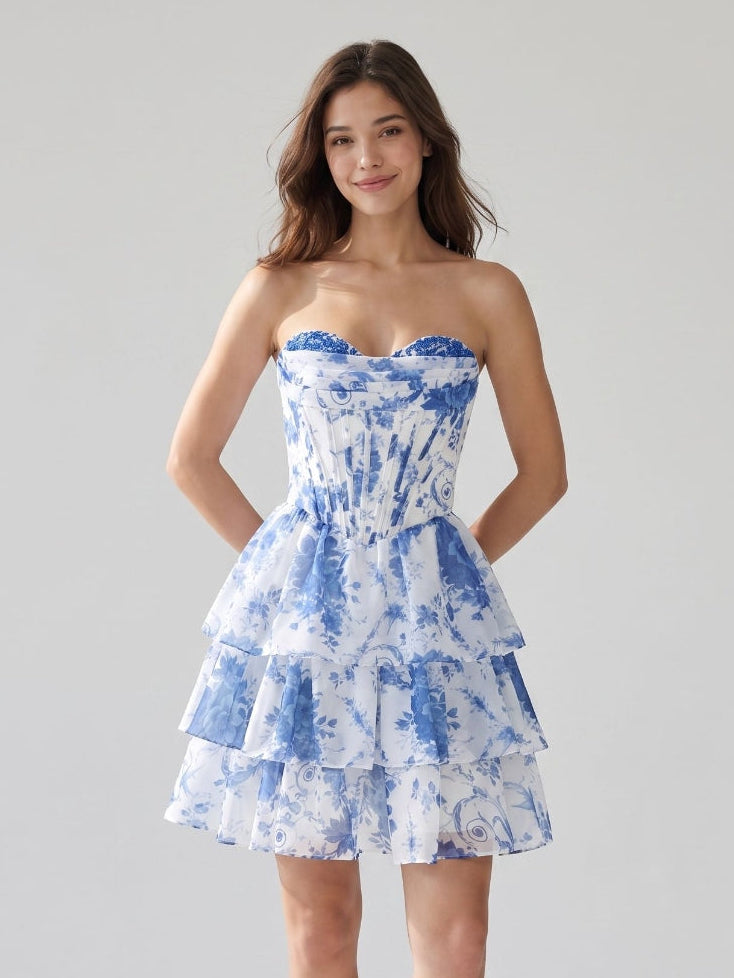 Blue Chiffon A-Line Sweetheart Criss-Cross Straps Short Homecoming Dress with Ruffles - Curvevia