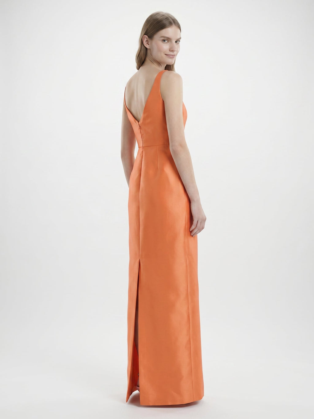 Sleek Orange Satin Sheath Straight Neck V-Back Floor-Length Bridesmaid Dress - Curvevia