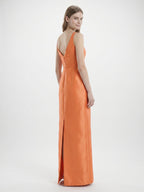 Sleek Orange Satin Sheath Straight Neck V-Back Floor-Length Bridesmaid Dress - Curvevia