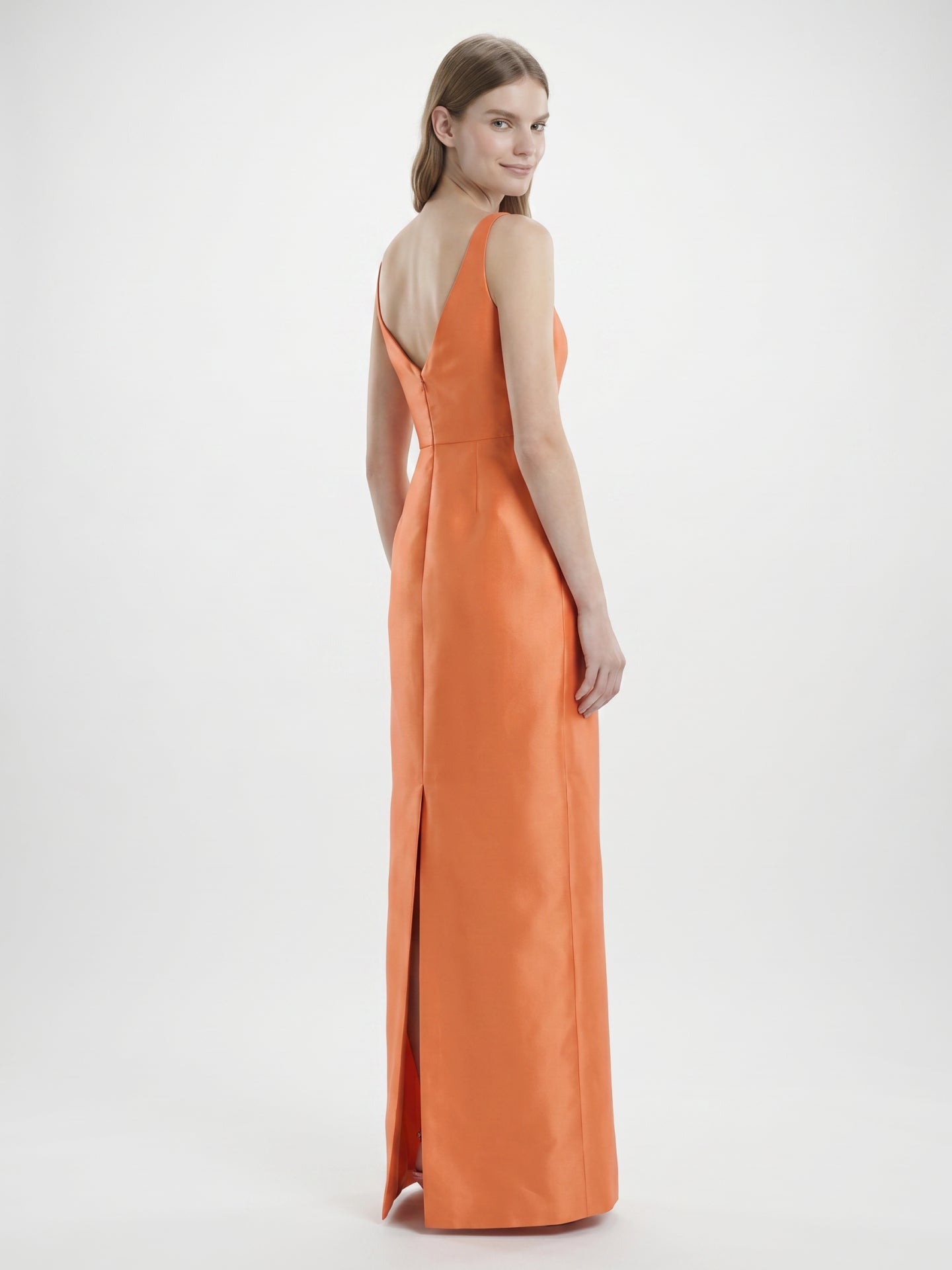 Sleek Orange Satin Sheath Straight Neck V-Back Floor-Length Bridesmaid Dress - Curvevia