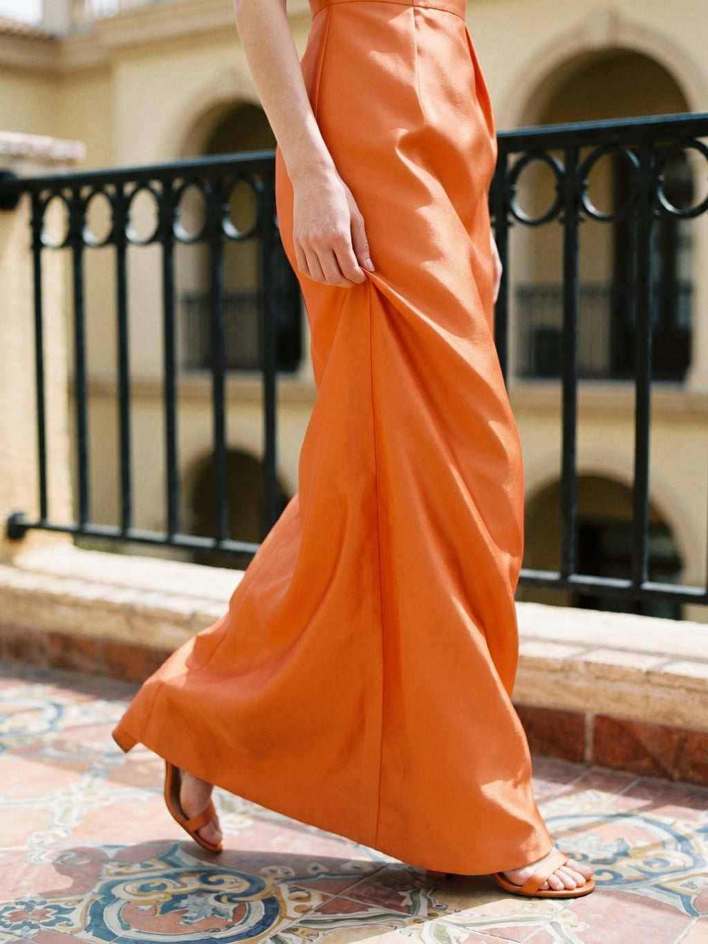 Sleek Orange Satin Sheath Straight Neck V-Back Floor-Length Bridesmaid Dress - Curvevia