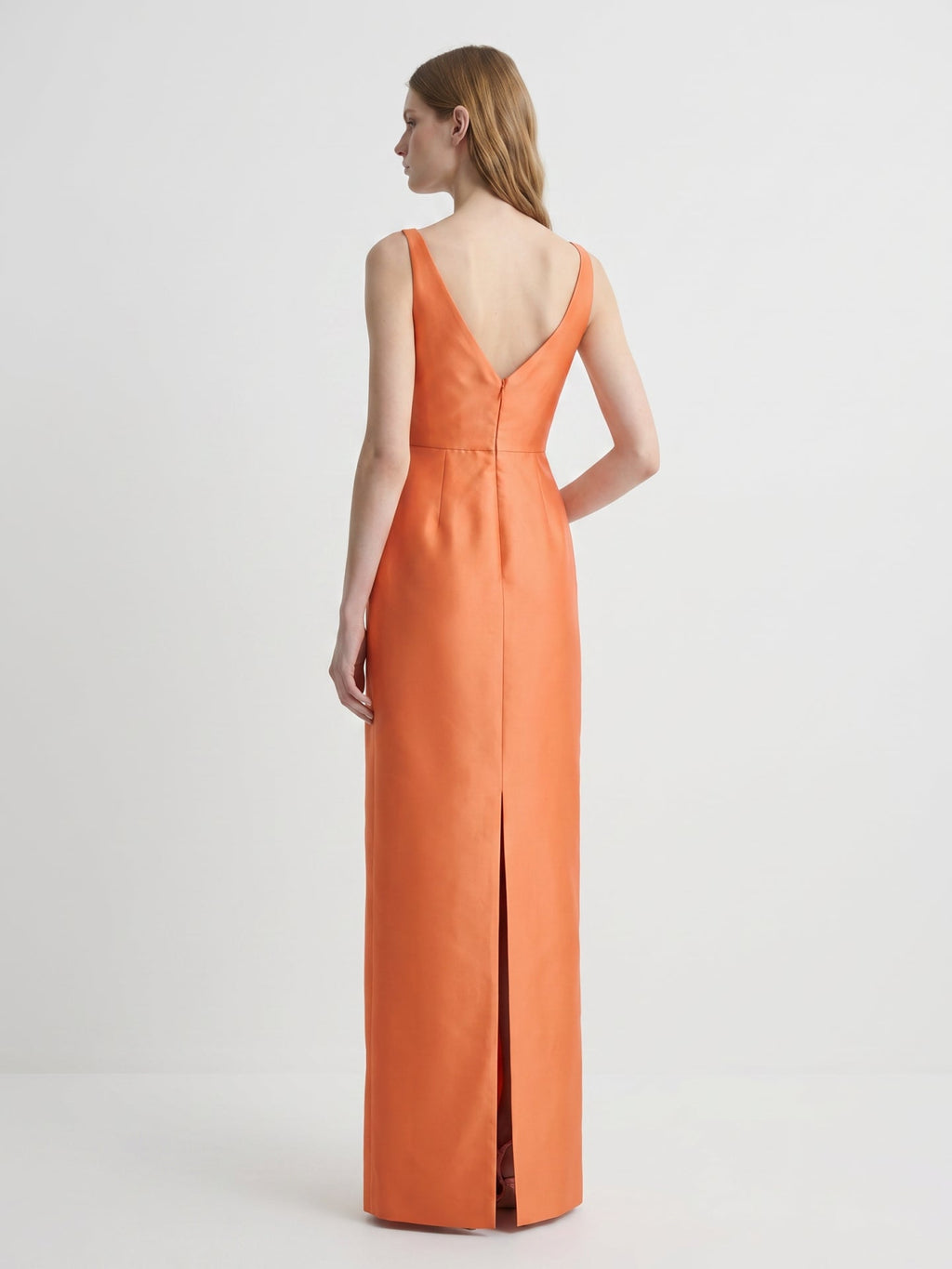 Sleek Orange Satin Sheath Straight Neck V-Back Floor-Length Bridesmaid Dress - Curvevia