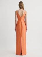 Sleek Orange Satin Sheath Straight Neck V-Back Floor-Length Bridesmaid Dress - Curvevia