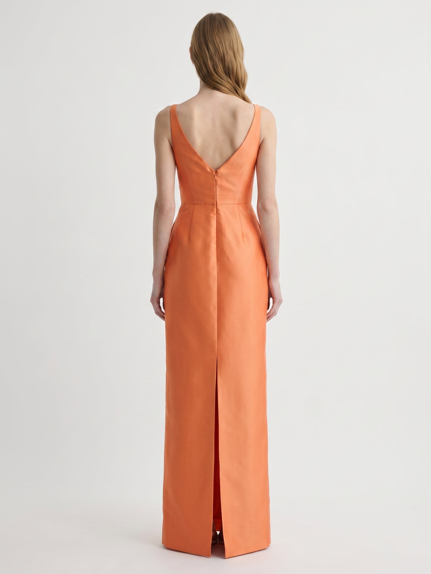 Sleek Orange Satin Sheath Straight Neck V-Back Floor-Length Bridesmaid Dress - Curvevia
