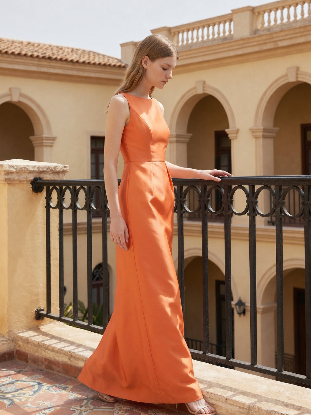 Sleek Orange Satin Sheath Straight Neck V-Back Floor-Length Bridesmaid Dress - Curvevia