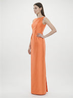 Sleek Orange Satin Sheath Straight Neck V-Back Floor-Length Bridesmaid Dress - Curvevia