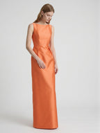 Sleek Orange Satin Sheath Straight Neck V-Back Floor-Length Bridesmaid Dress - Curvevia