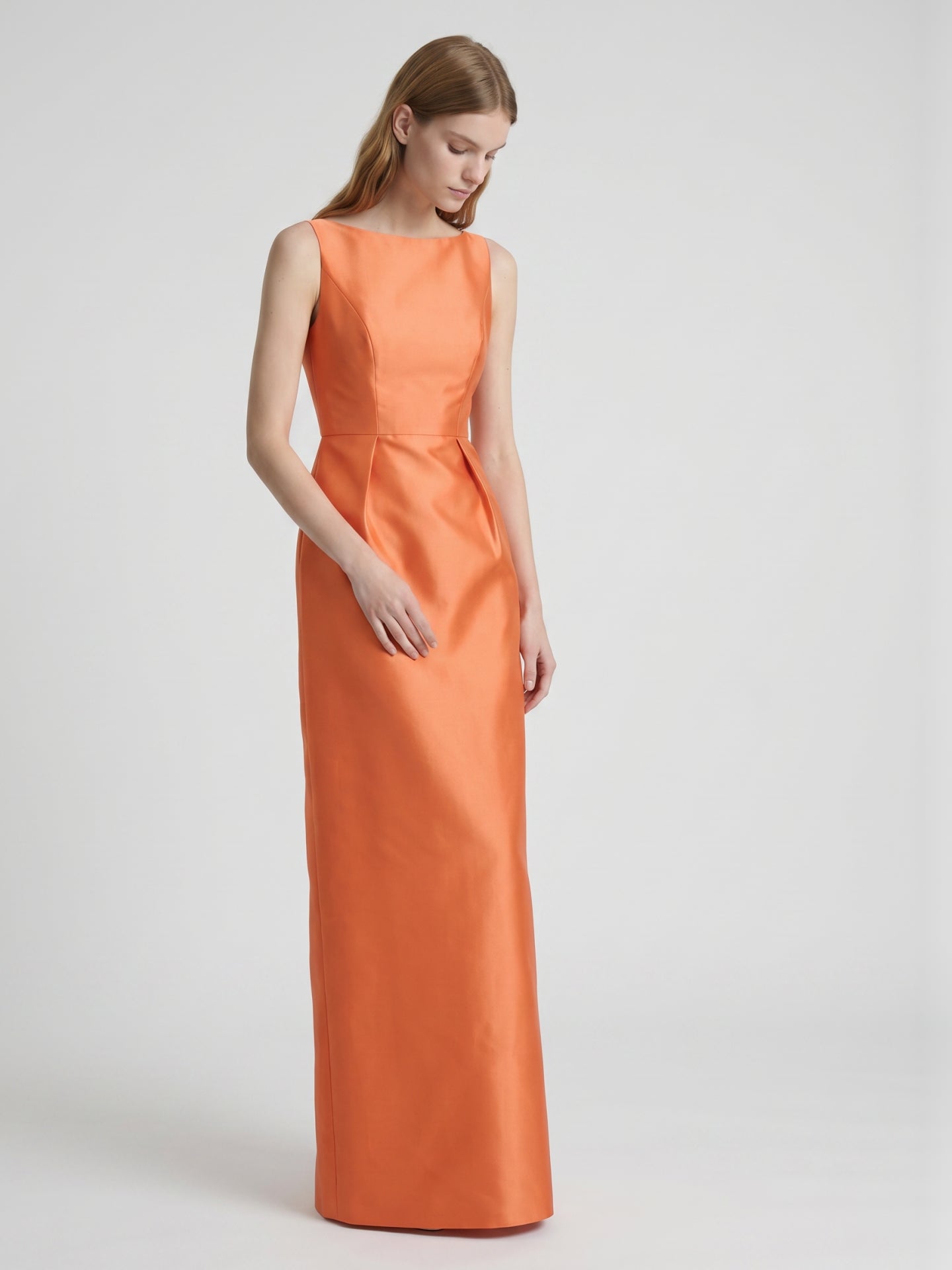 Sleek Orange Satin Sheath Straight Neck V-Back Floor-Length Bridesmaid Dress - Curvevia