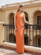 Sleek Orange Satin Sheath Straight Neck V-Back Floor-Length Bridesmaid Dress - Curvevia