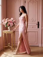 Sleek Petal Satin Sheath Scoop Neck Lace-Up Floor-Length Bridesmaid Dress with Pleats - Curvevia