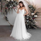 A-Line Tulle Spaghetti Straps Wedding Dresses With Lace Appliques - Curvevia