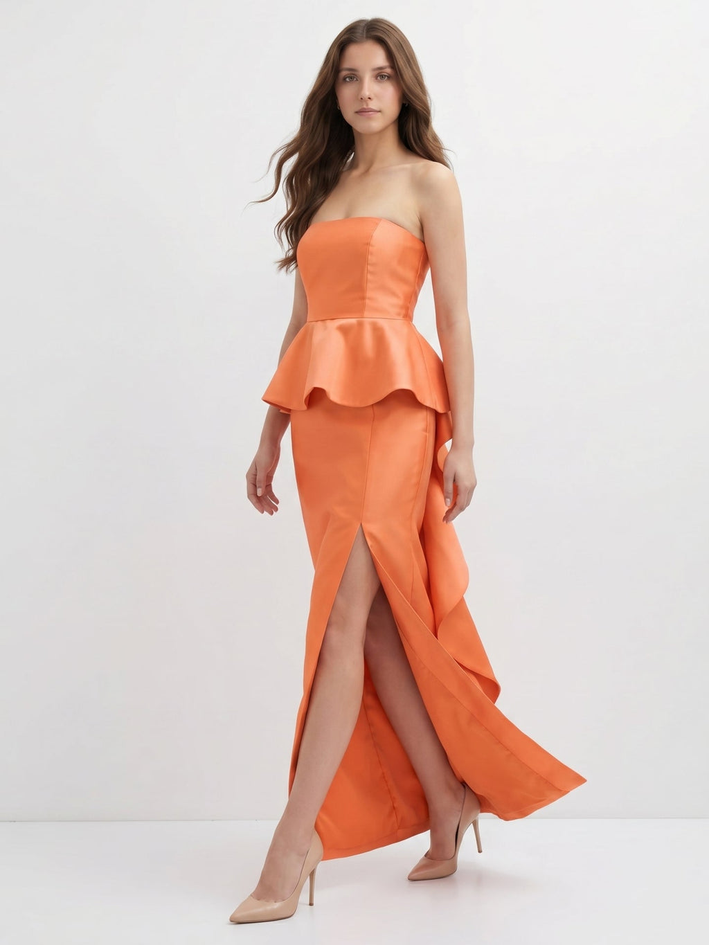 Soft Orange Satin Sheath Straight Neck Back Zip Floor-Length Bridesmaid Dress with Ruffle - Curvevia