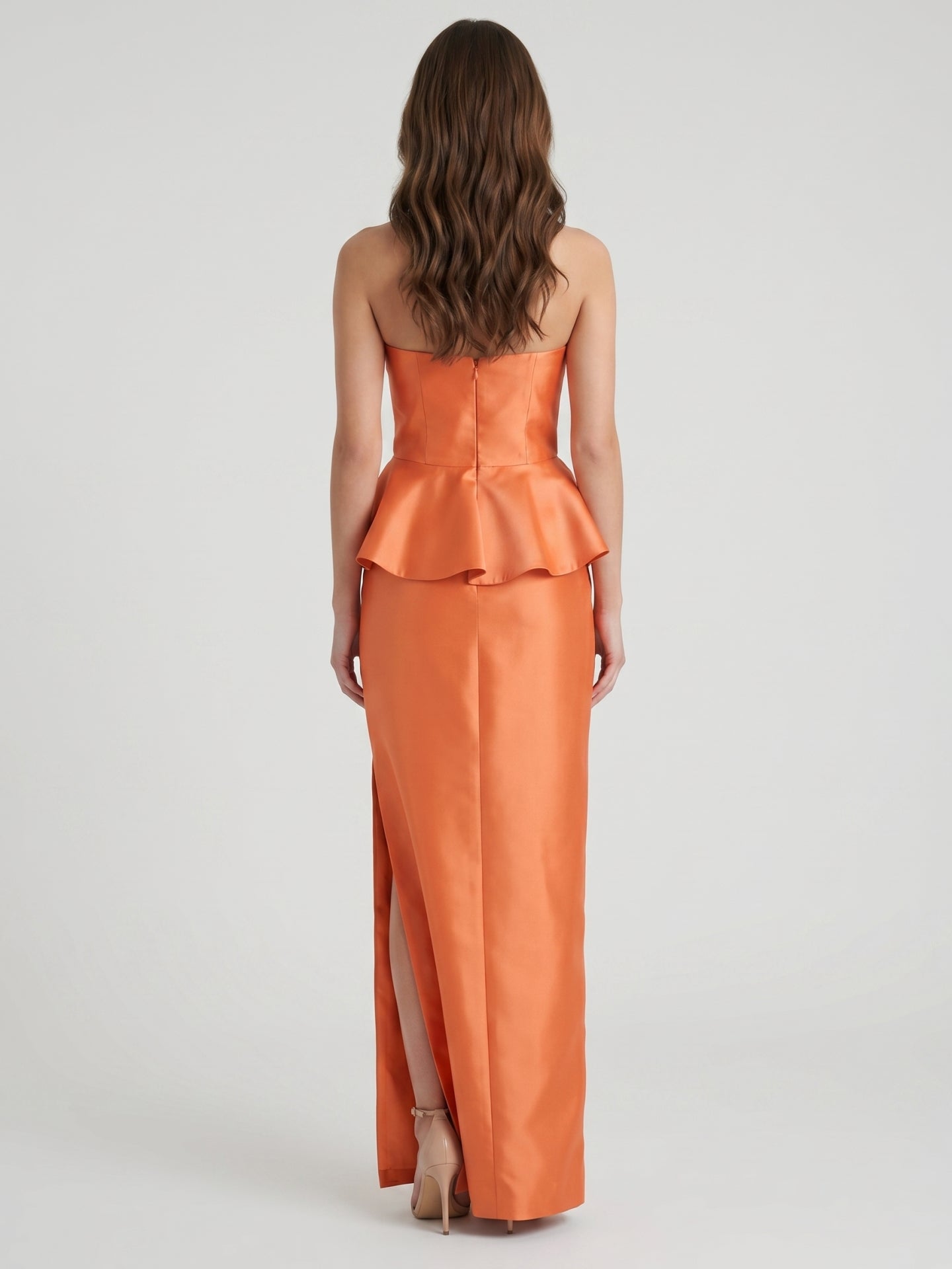 Soft Orange Satin Sheath Straight Neck Back Zip Floor-Length Bridesmaid Dress with Ruffle - Curvevia