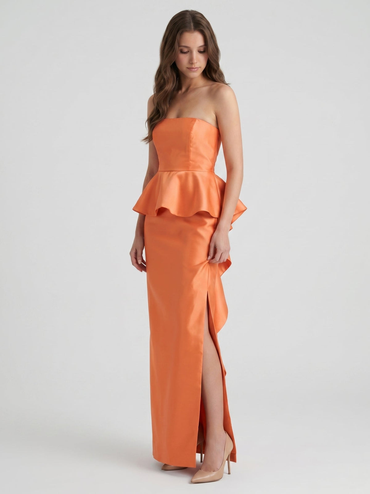 Soft Orange Satin Sheath Straight Neck Back Zip Floor-Length Bridesmaid Dress with Ruffle - Curvevia