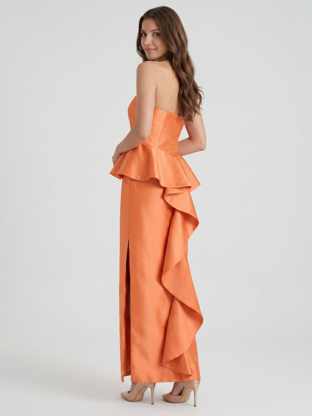 Soft Orange Satin Sheath Straight Neck Back Zip Floor-Length Bridesmaid Dress with Ruffle - Curvevia