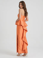 Soft Orange Satin Sheath Straight Neck Back Zip Floor-Length Bridesmaid Dress with Ruffle - Curvevia