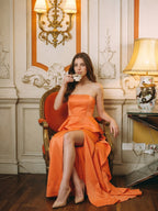 Soft Orange Satin Sheath Straight Neck Back Zip Floor-Length Bridesmaid Dress with Ruffle - Curvevia