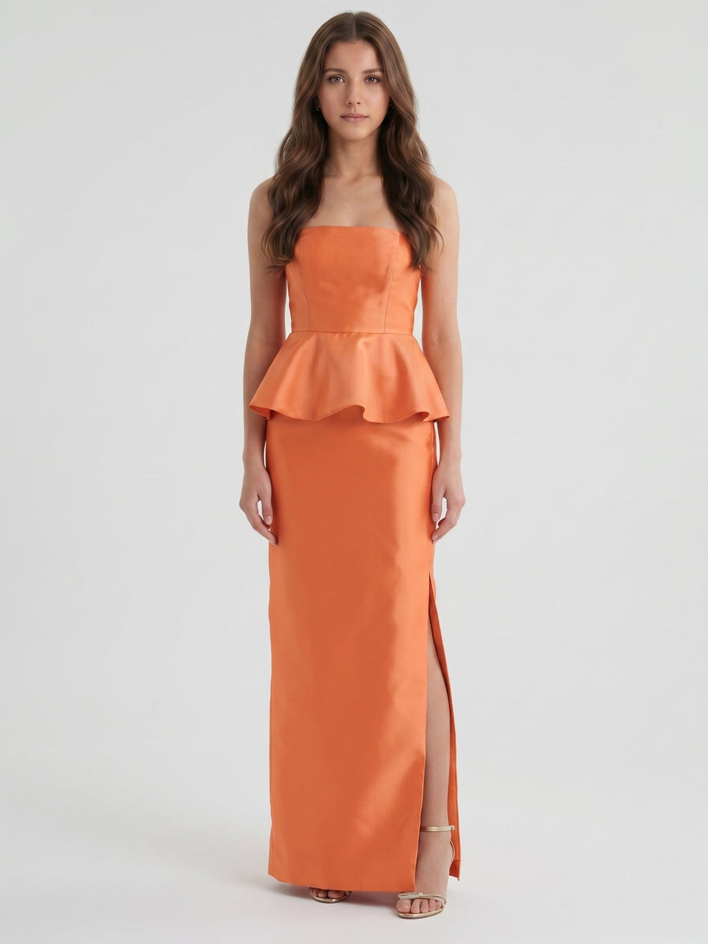 Soft Orange Satin Sheath Straight Neck Back Zip Floor-Length Bridesmaid Dress with Ruffle - Curvevia