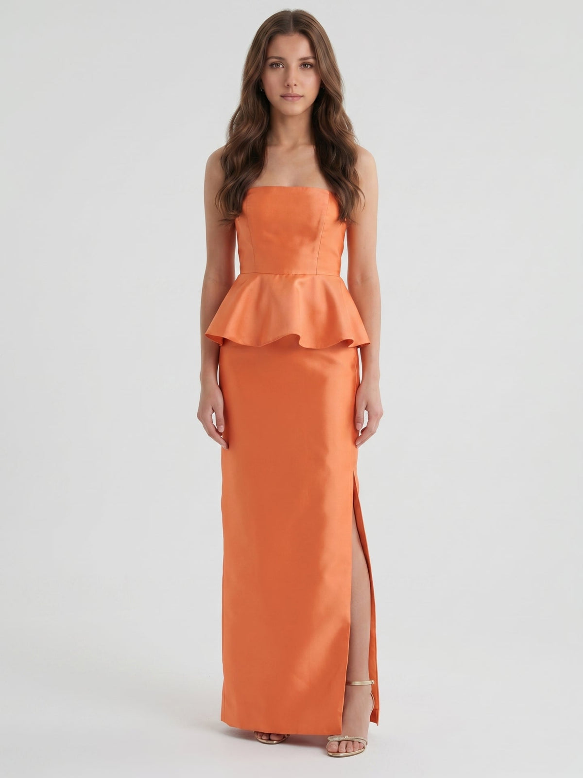 Soft Orange Satin Sheath Straight Neck Back Zip Floor-Length Bridesmaid Dress with Ruffle - Curvevia