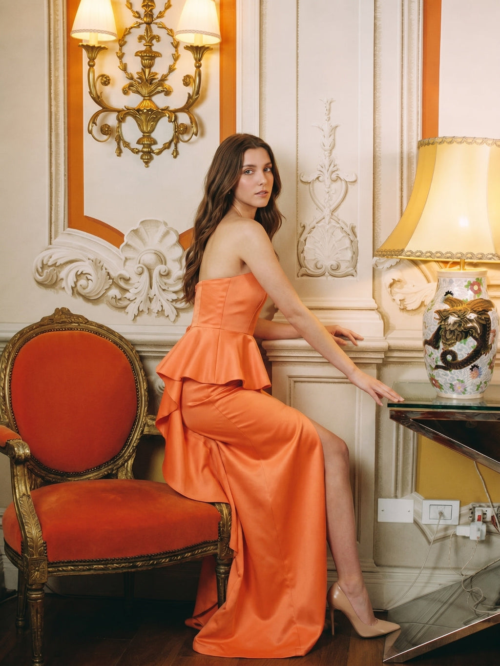 Soft Orange Satin Sheath Straight Neck Back Zip Floor-Length Bridesmaid Dress with Ruffle - Curvevia
