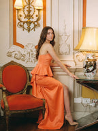 Soft Orange Satin Sheath Straight Neck Back Zip Floor-Length Bridesmaid Dress with Ruffle - Curvevia