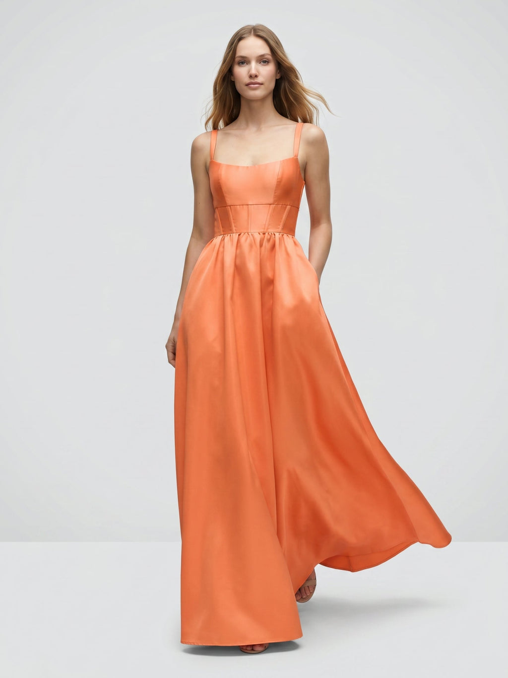 Statement Orange Satin A-Line Square Neck Backless Floor-Length Bridesmaid Dress with Pleated Detail - Curvevia