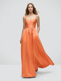 Statement Orange Satin A-Line Square Neck Backless Floor-Length Bridesmaid Dress with Pleated Detail - Curvevia