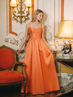 Statement Orange Satin A-Line Square Neck Backless Floor-Length Bridesmaid Dress with Pleated Detail - Curvevia