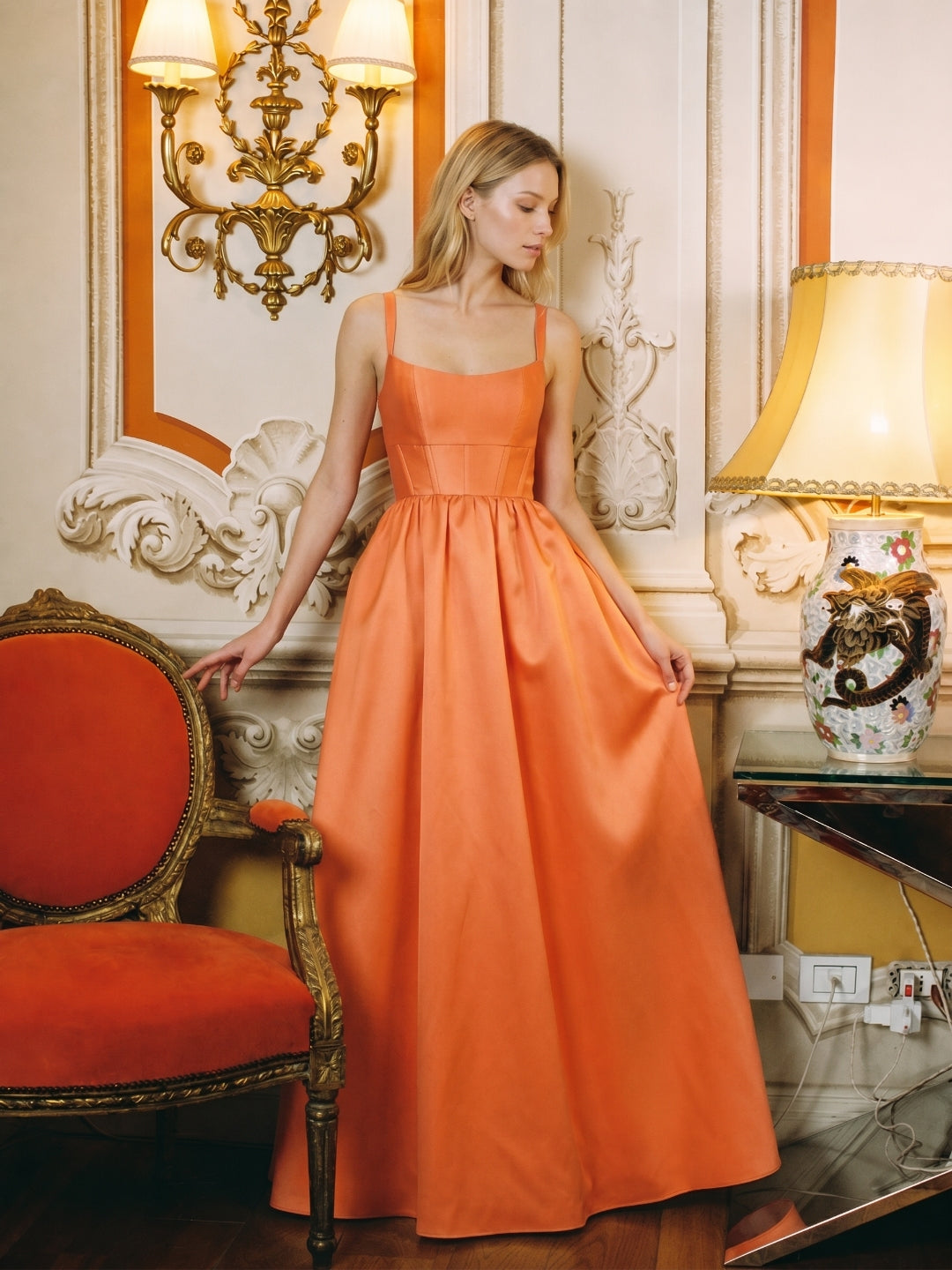Statement Orange Satin A-Line Square Neck Backless Floor-Length Bridesmaid Dress with Pleated Detail - Curvevia