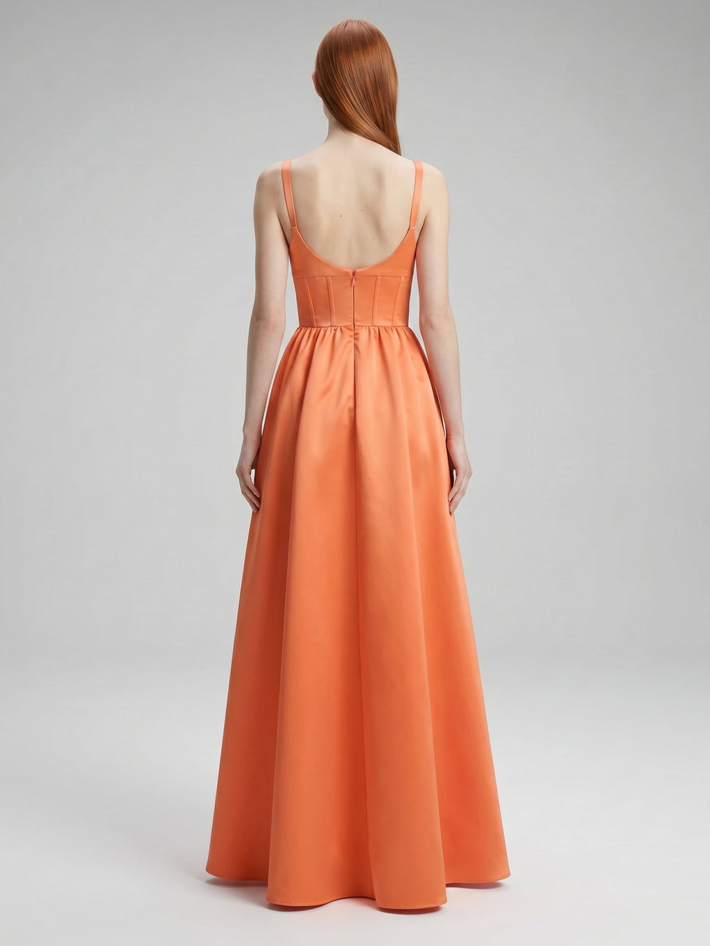 Statement Orange Satin A-Line Square Neck Backless Floor-Length Bridesmaid Dress with Pleated Detail - Curvevia