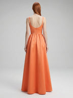Statement Orange Satin A-Line Square Neck Backless Floor-Length Bridesmaid Dress with Pleated Detail - Curvevia
