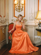 Statement Orange Satin A-Line Square Neck Backless Floor-Length Bridesmaid Dress with Pleated Detail - Curvevia