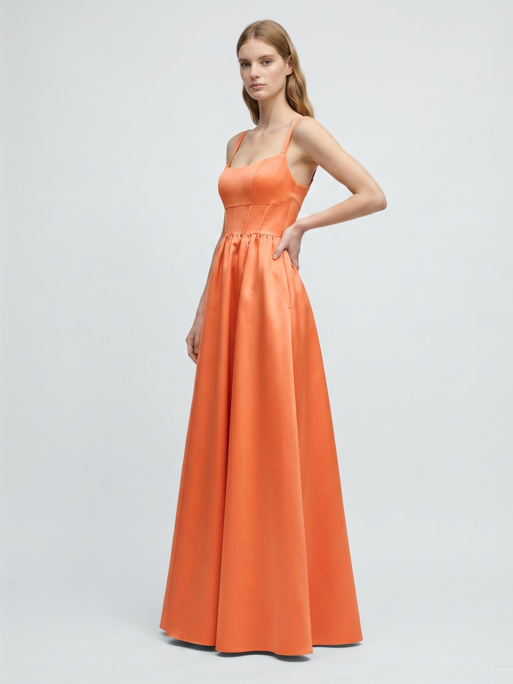 Statement Orange Satin A-Line Square Neck Backless Floor-Length Bridesmaid Dress with Pleated Detail - Curvevia