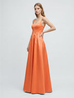 Statement Orange Satin A-Line Square Neck Backless Floor-Length Bridesmaid Dress with Pleated Detail - Curvevia