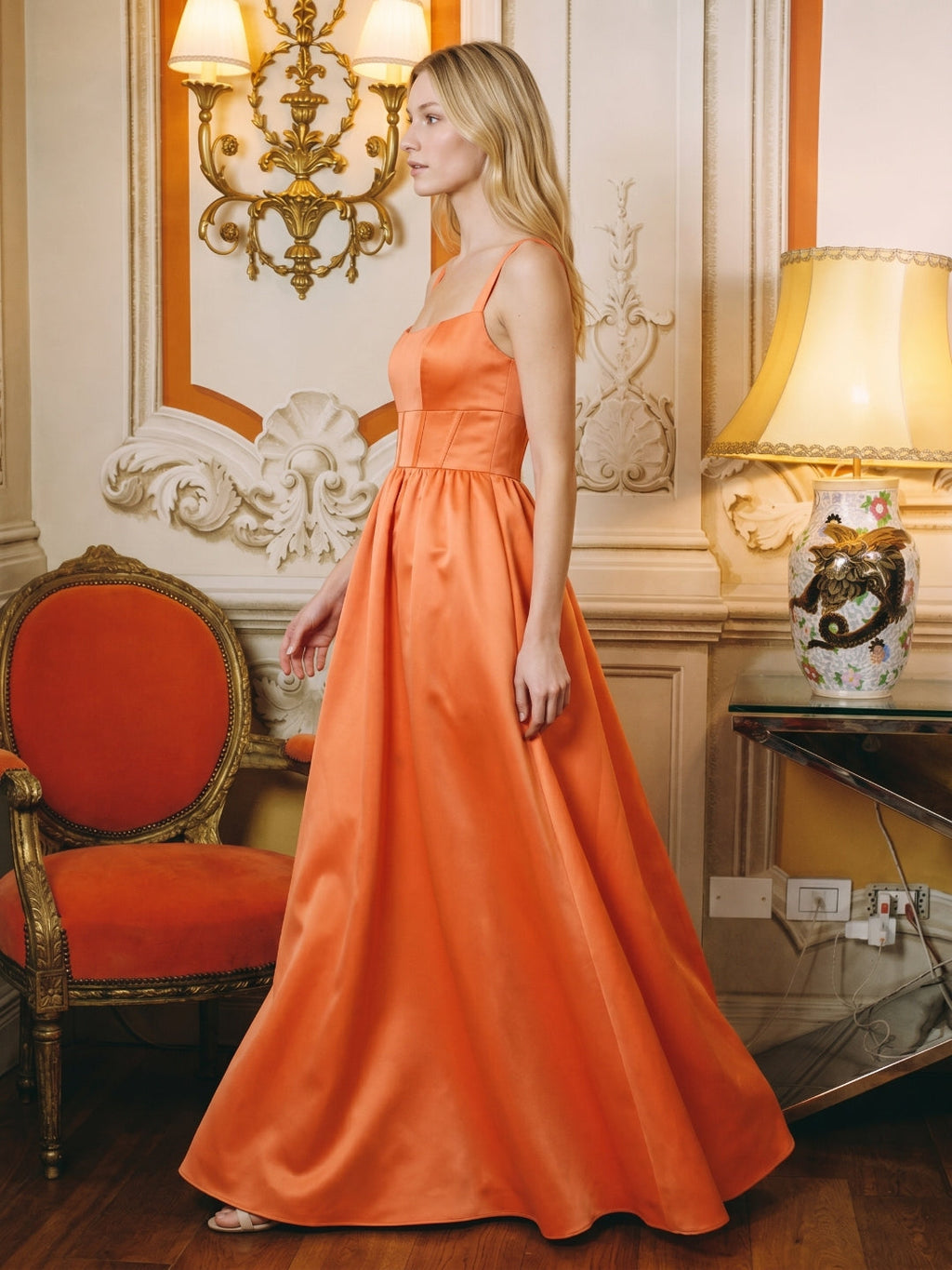 Statement Orange Satin A-Line Square Neck Backless Floor-Length Bridesmaid Dress with Pleated Detail - Curvevia