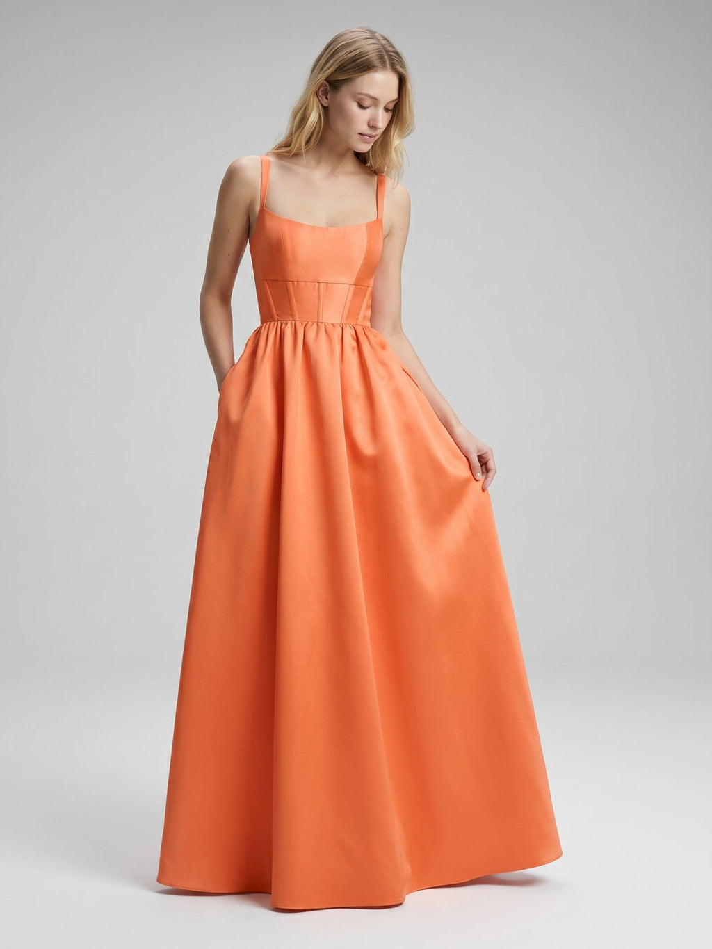 Statement Orange Satin A-Line Square Neck Backless Floor-Length Bridesmaid Dress with Pleated Detail - Curvevia