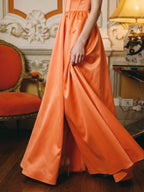 Statement Orange Satin A-Line Square Neck Backless Floor-Length Bridesmaid Dress with Pleated Detail - Curvevia