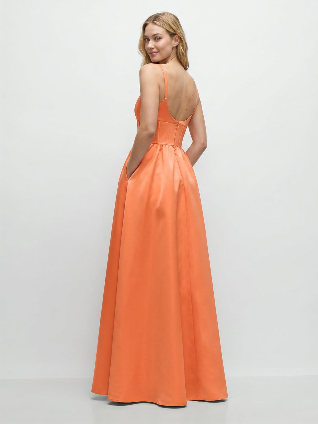 Statement Orange Satin A-Line Square Neck Backless Floor-Length Bridesmaid Dress with Pleated Detail - Curvevia