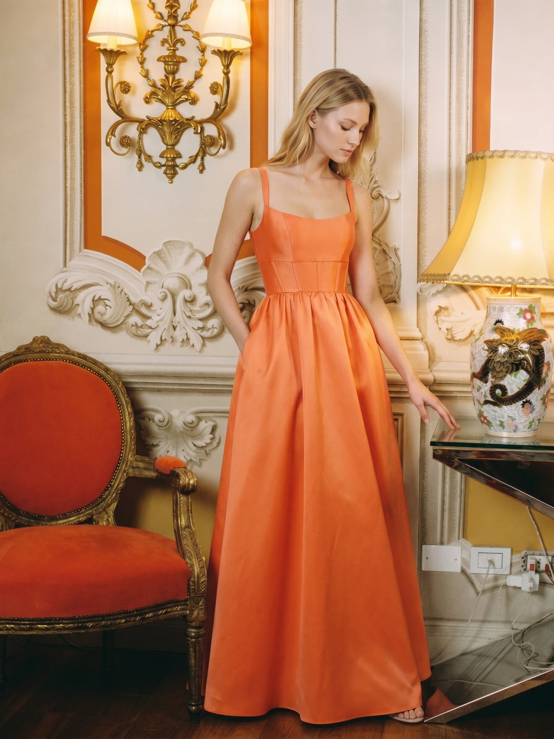 Statement Orange Satin A-Line Square Neck Backless Floor-Length Bridesmaid Dress with Pleated Detail - Curvevia