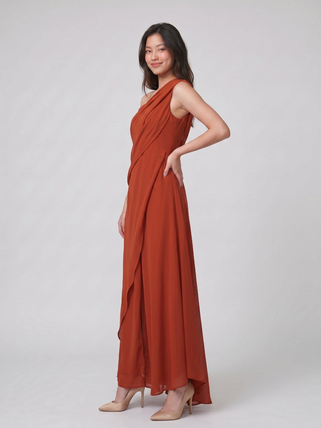 Statement Rust Chiffon Column One-Shoulder Backless Floor-Length Bridesmaid Dress with Pleats - Curvevia