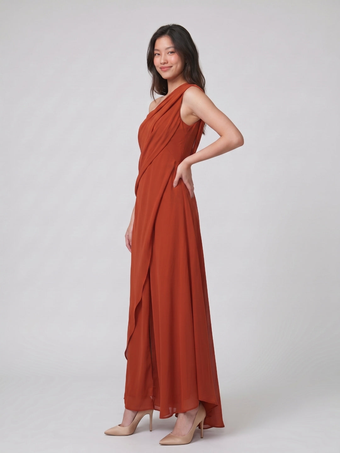 Statement Rust Chiffon Column One-Shoulder Backless Floor-Length Bridesmaid Dress with Pleats - Curvevia