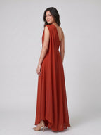 Statement Rust Chiffon Column One-Shoulder Backless Floor-Length Bridesmaid Dress with Pleats - Curvevia