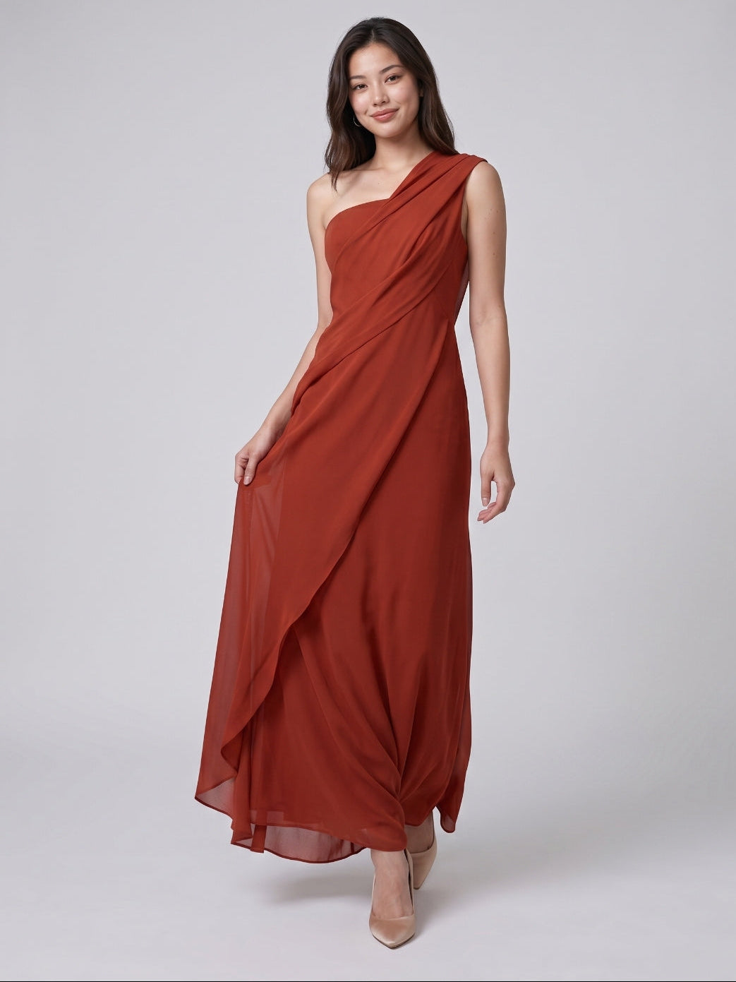 Statement Rust Chiffon Column One-Shoulder Backless Floor-Length Bridesmaid Dress with Pleats - Curvevia