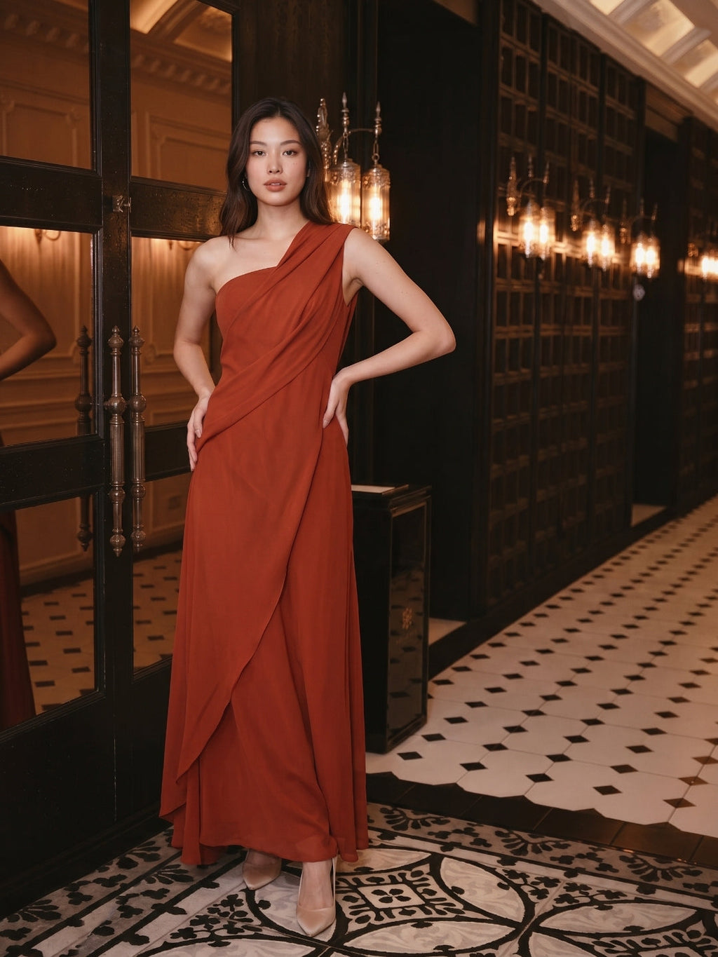 Statement Rust Chiffon Column One-Shoulder Backless Floor-Length Bridesmaid Dress with Pleats - Curvevia
