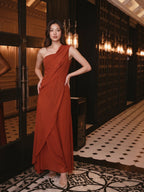 Statement Rust Chiffon Column One-Shoulder Backless Floor-Length Bridesmaid Dress with Pleats - Curvevia