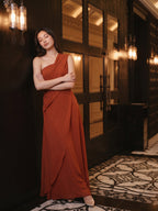 Statement Rust Chiffon Column One-Shoulder Backless Floor-Length Bridesmaid Dress with Pleats - Curvevia