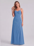 Simple Steel Blue Chiffon A-Line Sweetheart Back Zip Ankle-Length Bridesmaid Dress - Curvevia