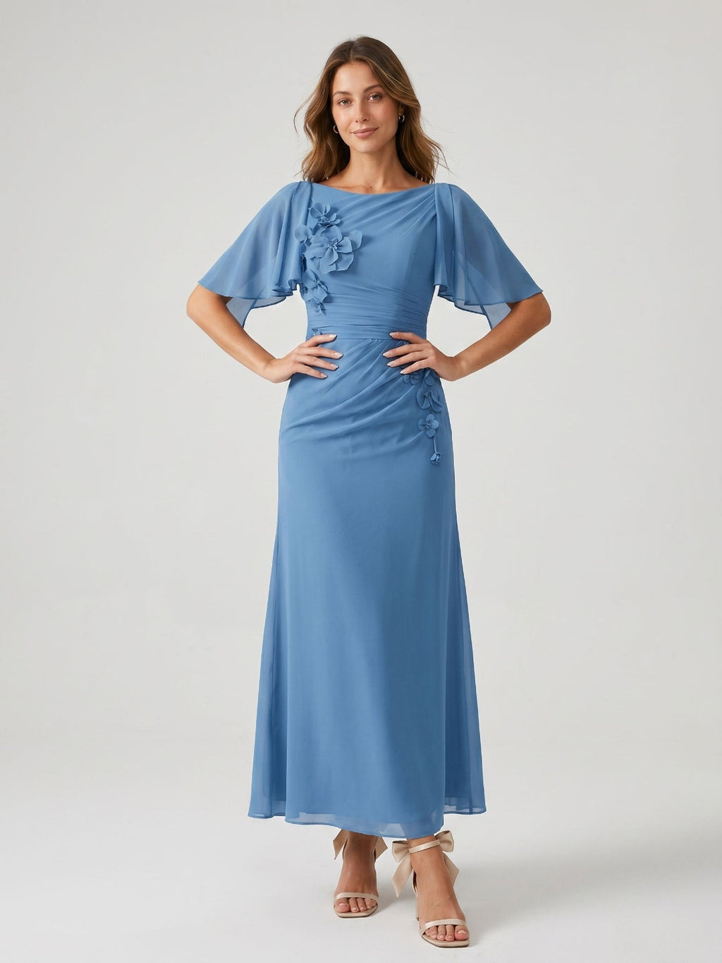 Steel Blue Chiffon A-Line Scoop Neck Back Zip Floor-Length Dress with 3D Flowers - Curvevia